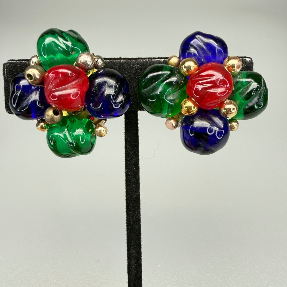 Vintage Clip On Earrings Mughal Red Blue Green Glass Gold Tone MCM